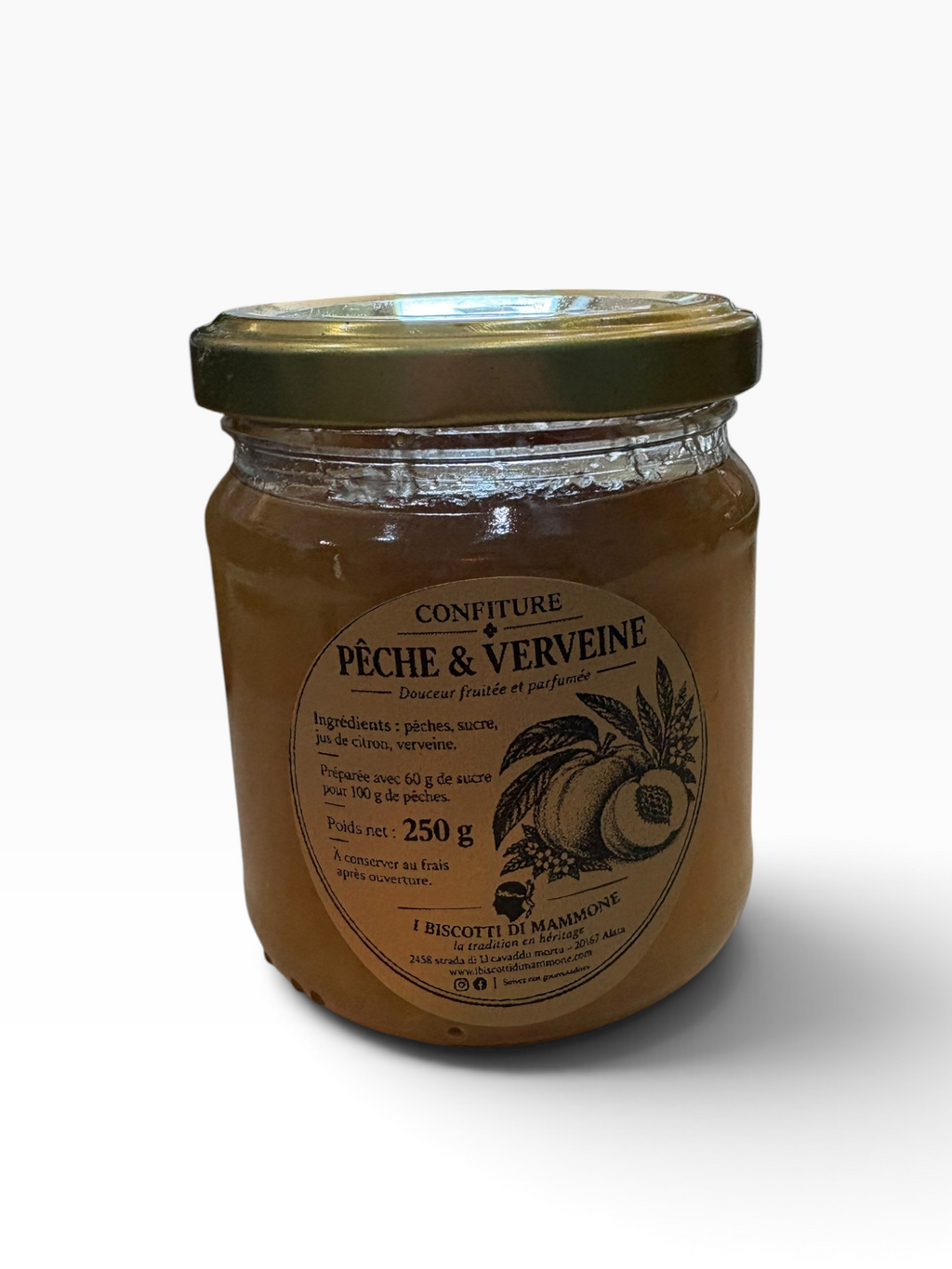Confiture artisanale Pêche & Verveine – Fait maison en Corse – 250 g
