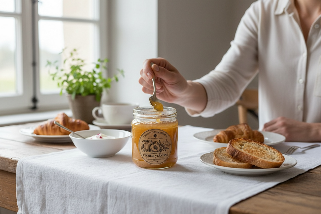 Confiture artisanale Pêche & Verveine – Fait maison en Corse – 250 g