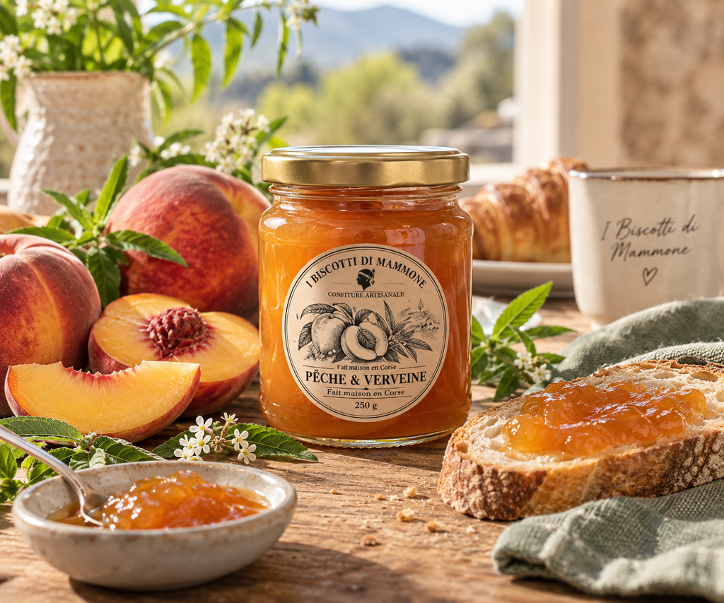 Confiture artisanale Pêche & Verveine – Fait maison en Corse – 250 g